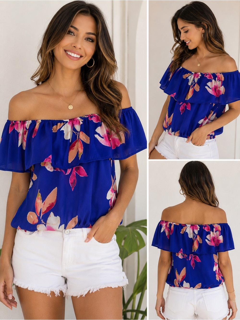 Sienna Sky Floral Off Shoulder Blouse Size M Blue Tropical Boho Top